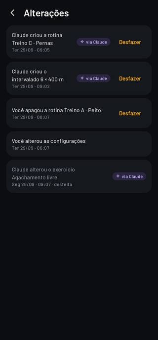 Lista de alterações com botão desfazer