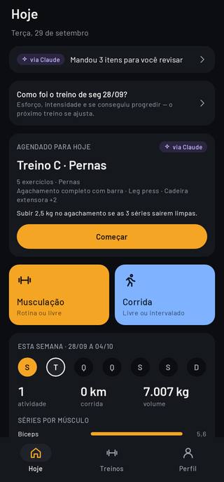 Tela Hoje com o treino agendado pelo Claude